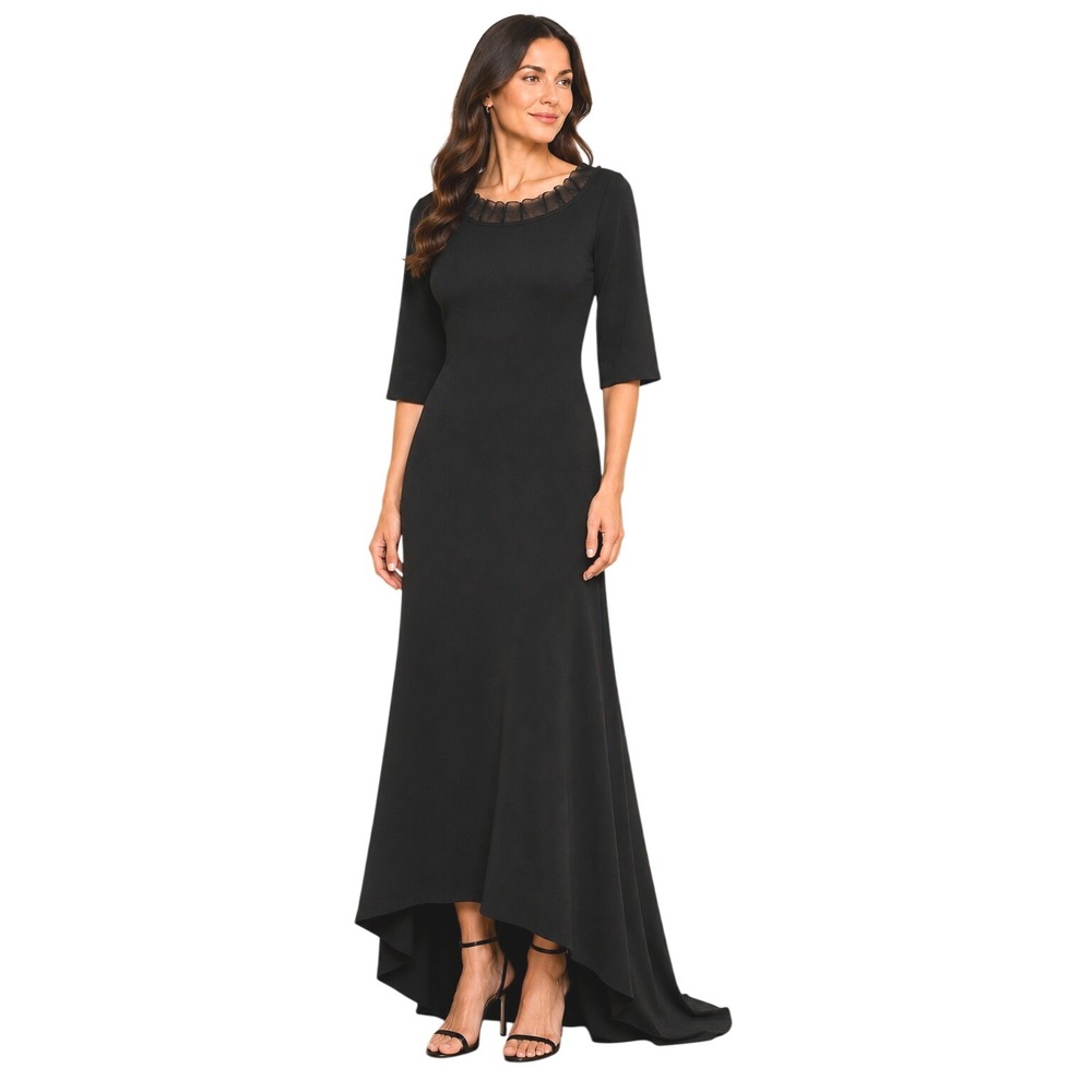 Elie Tahari VTG Black Gown 6 High Low Mesh Trim Evening Formal Train Gala Modest